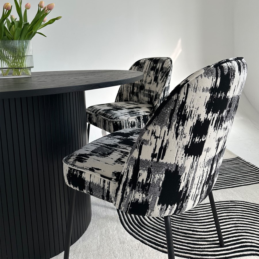 Set of 2 Cream and Black Jacquard Upholstered Curved Dining Chairs - Celia