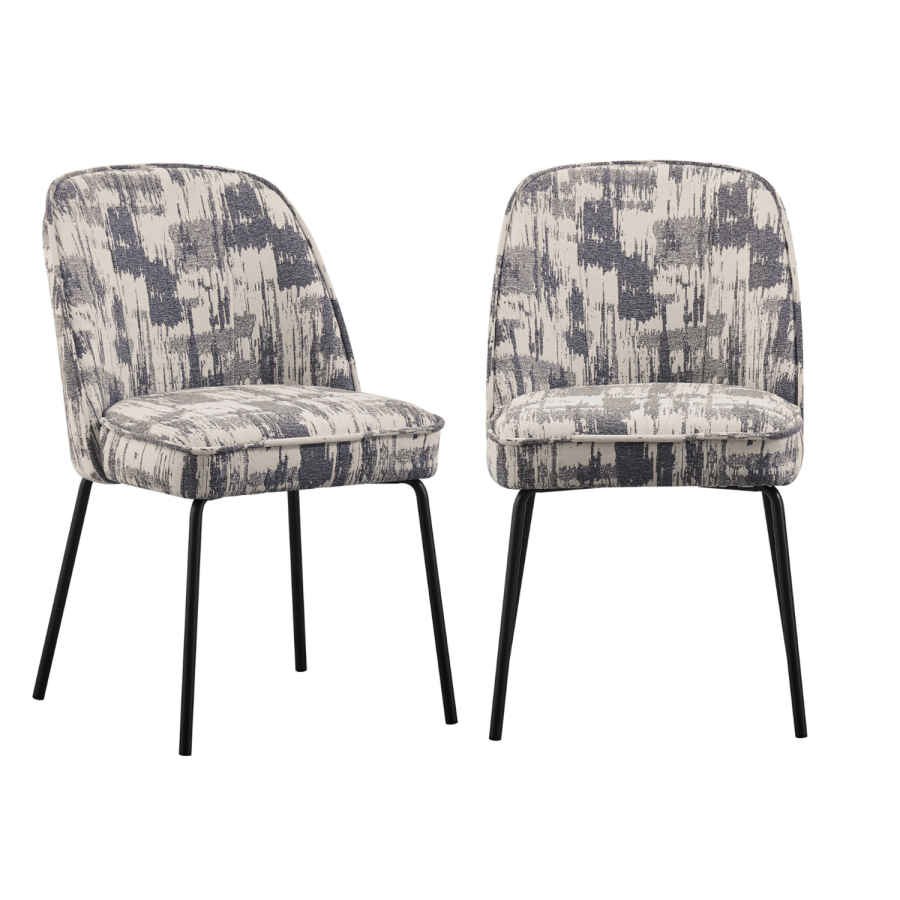 Set of 2 Cream and Grey Jacquard Upholstered Curved Dining Chairs - Celia