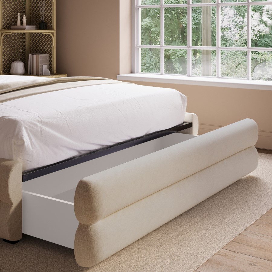 Cream Upholstered Double Bed Frame with Storage Drawer – Connie