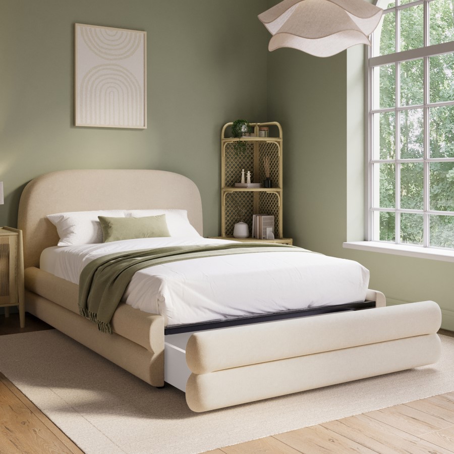 Cream Upholstered Small Double Bed Frame with Storage Drawer – Connie