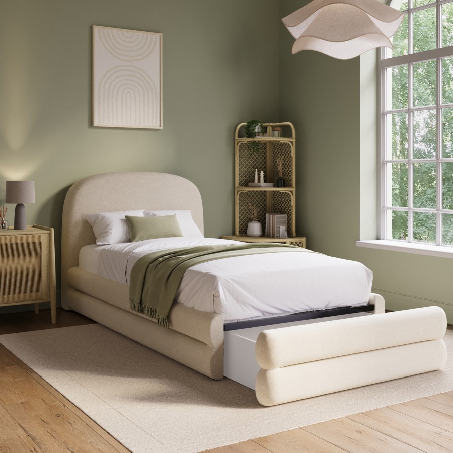 Cream Upholstered Single Bed Frame with Storage Drawer – Connie