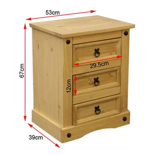 Corona Mexican 3 Drawer Bedside Table in Solid Pine 