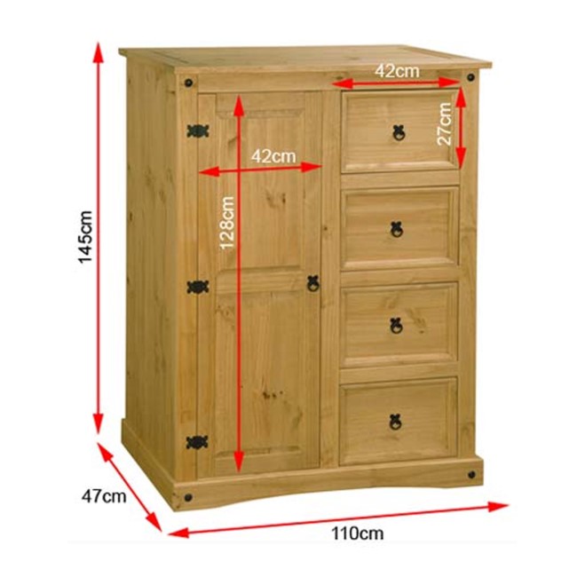 Corona Mexican 1 Door 4 Drawer Short Wardrobe in Solid Pine