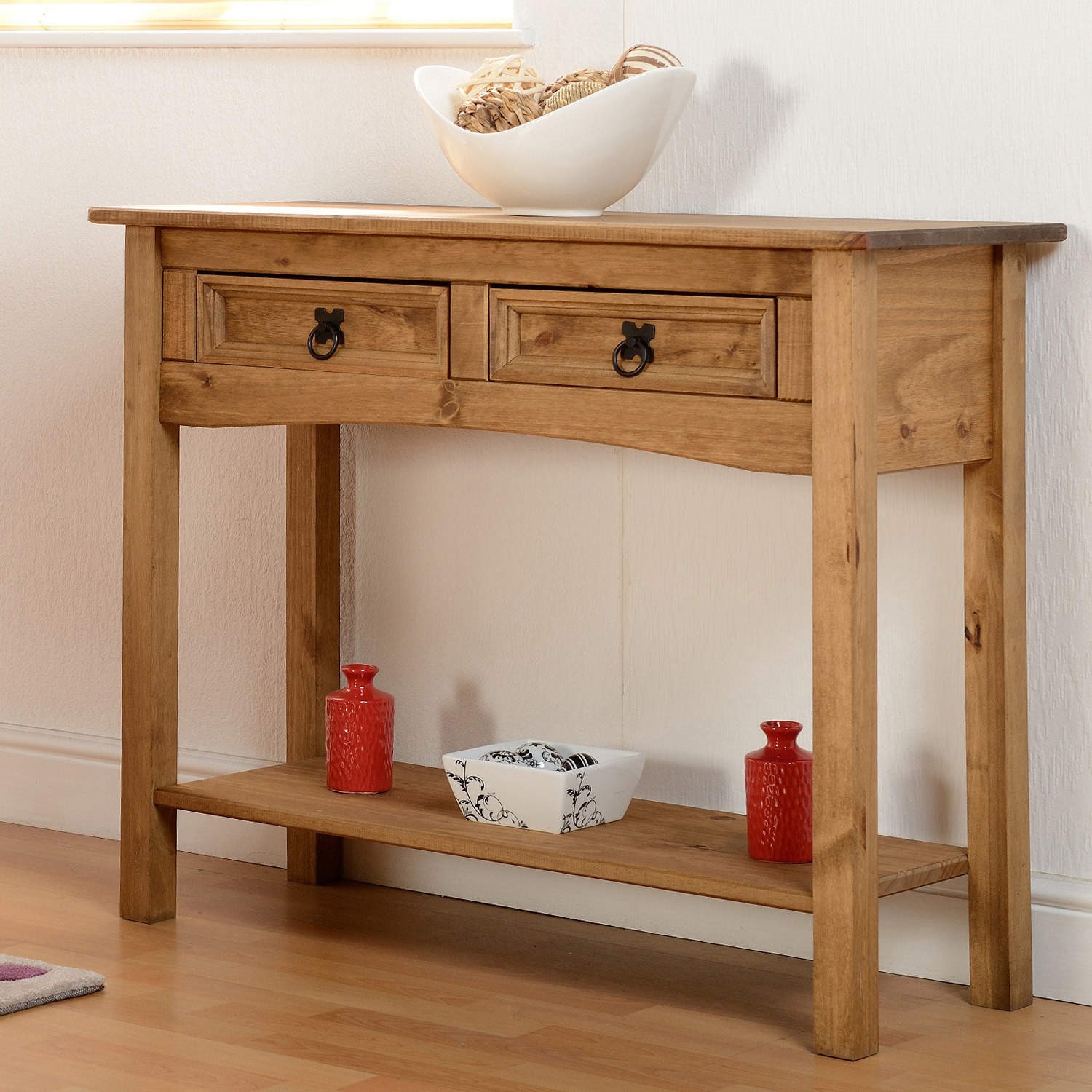 sec Corona 1 Drawer Console Table with Shelf in White/Distressed Waxed Pine 