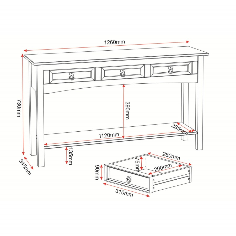 Seconique Corona 3 Drawer Console Table in Distressed Waxed Pine