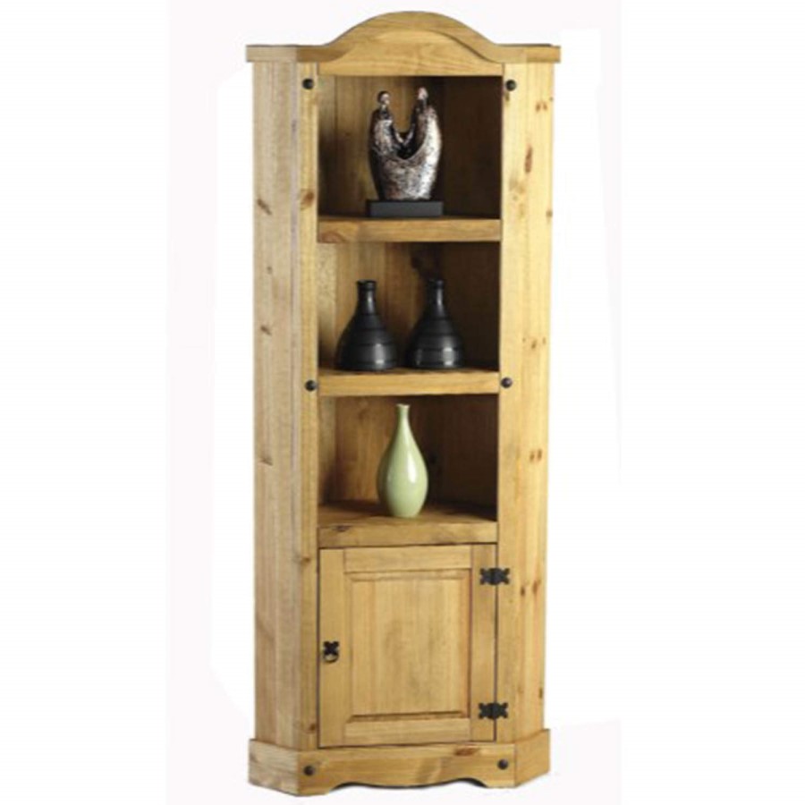 Corner Display Unit in Pine with 3 Shelves & Cupboard - Corona