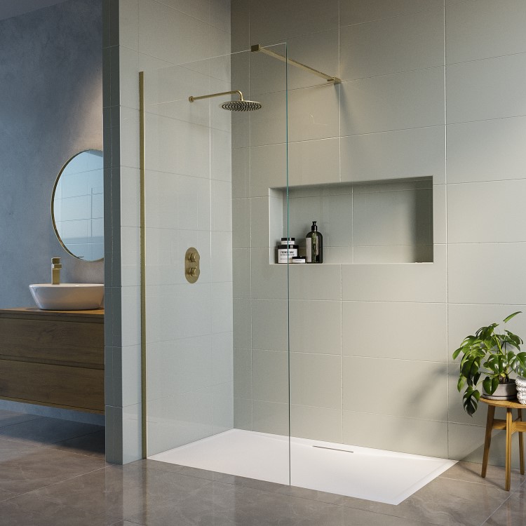 Wet Room Shower Screen 1000mm Brushed Brass Frameless with Wall Support Bar - Corvus