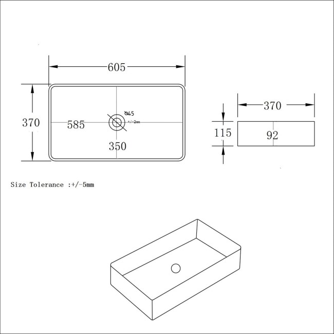 White Rectangular Countertop Basin 605mm - Corey