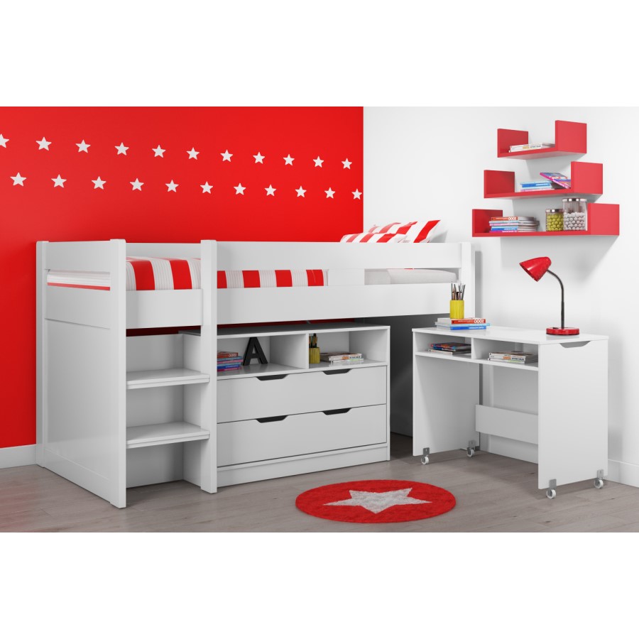 GRADE A1 - Cosmo Mid Sleeper Bed in White with Pull Out Desk