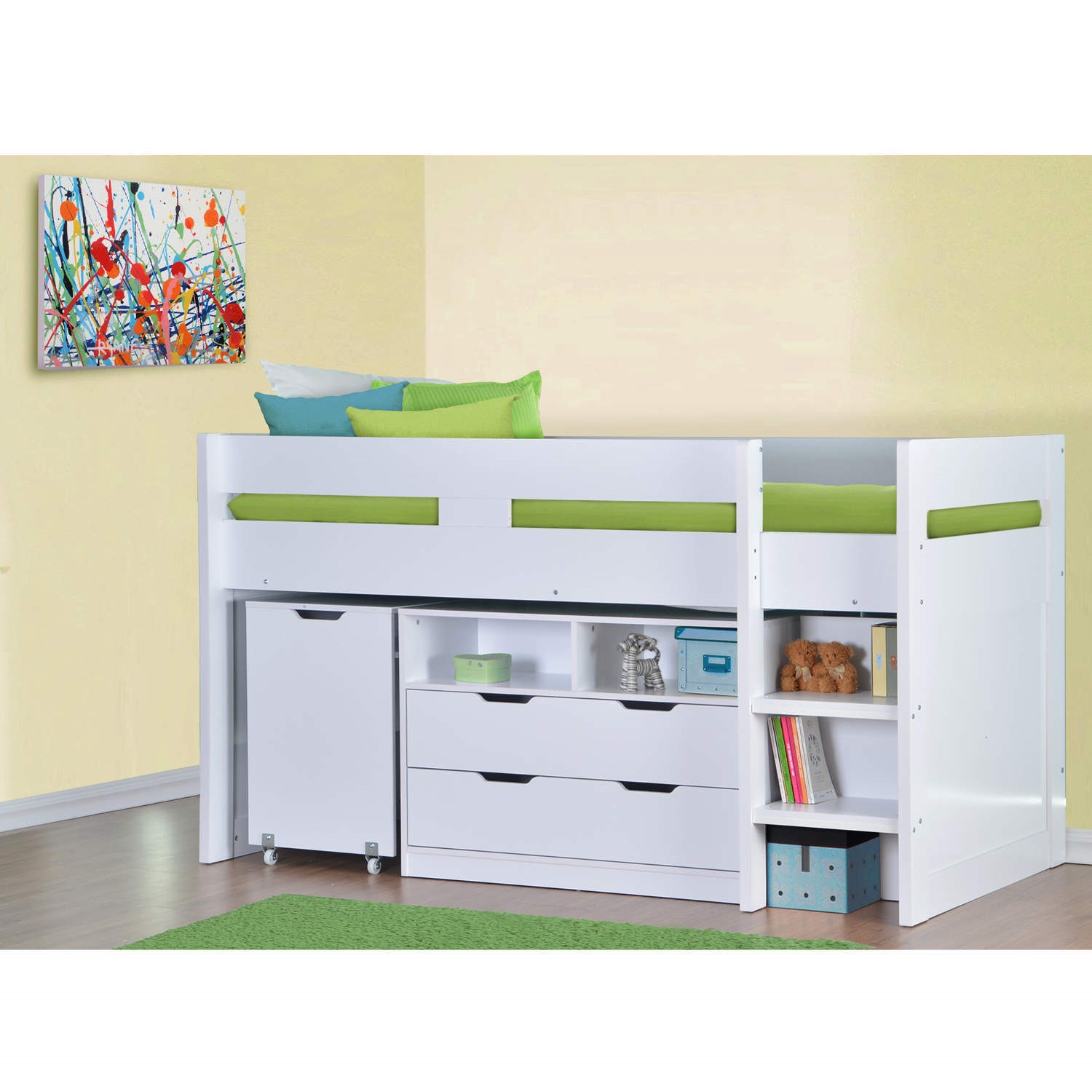GRADE A1 Cosmo Mid Sleeper Bed in White with Pull Out Desk Furniture123