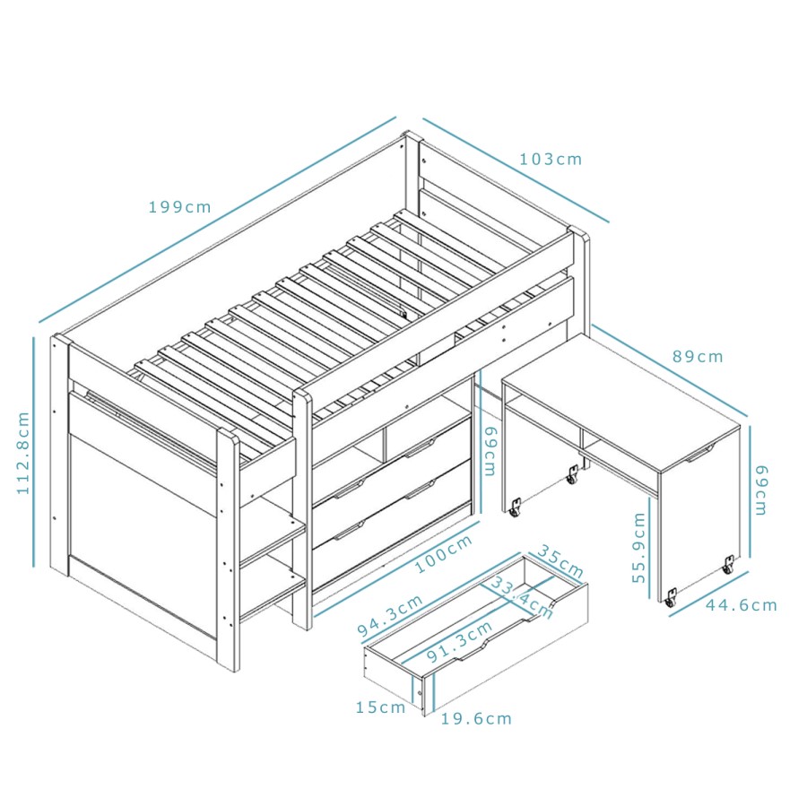 GRADE A1 - Cosmo Mid Sleeper Bed in White with Pull Out Desk