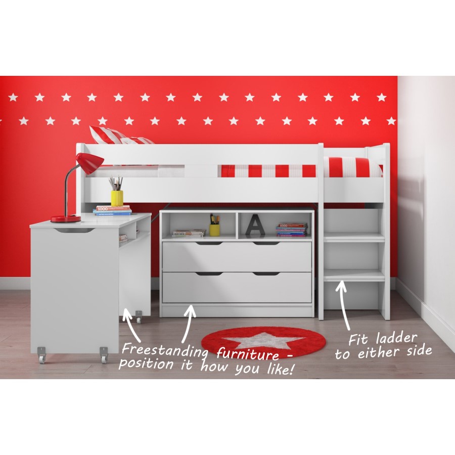 GRADE A1 - Cosmo Mid Sleeper Bed in White with Pull Out Desk