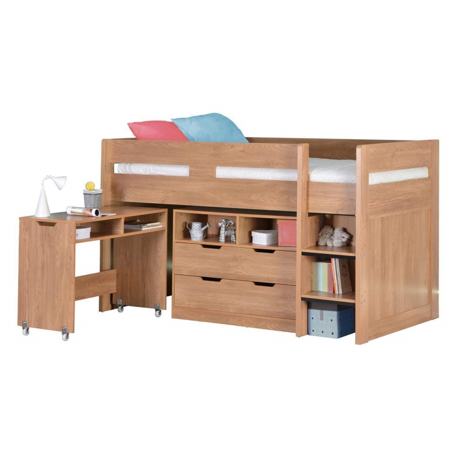 GRADE A1- Cosmo Mid Sleeper Bed in Oak with Pull Out Desk