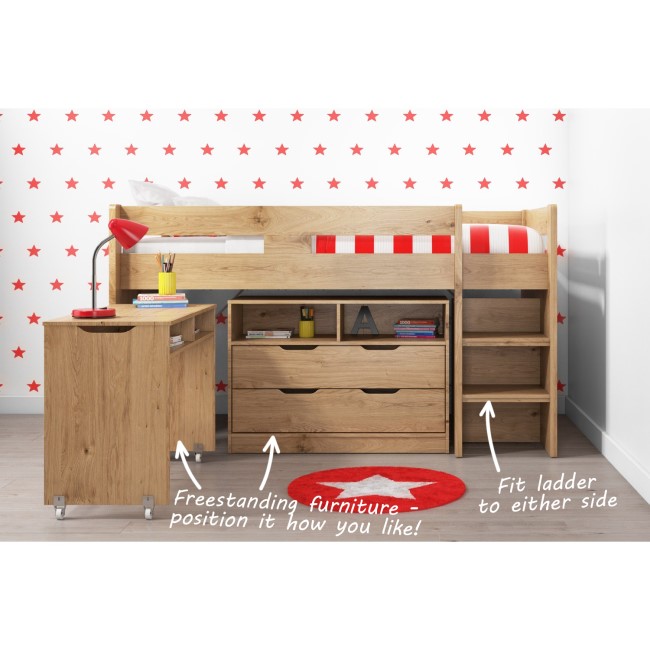 Cosmo Mid Sleeper Bed in Oak with Pull Out Desk