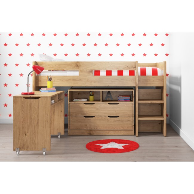 Cosmo Mid Sleeper Bed in Oak with Pull Out Desk