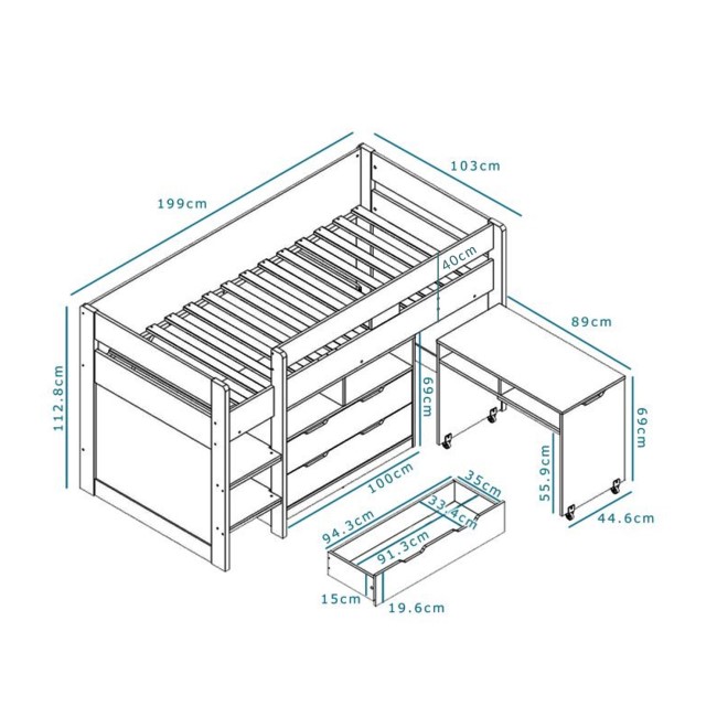 Cosmo Mid Sleeper Bed in Oak with Pull Out Desk