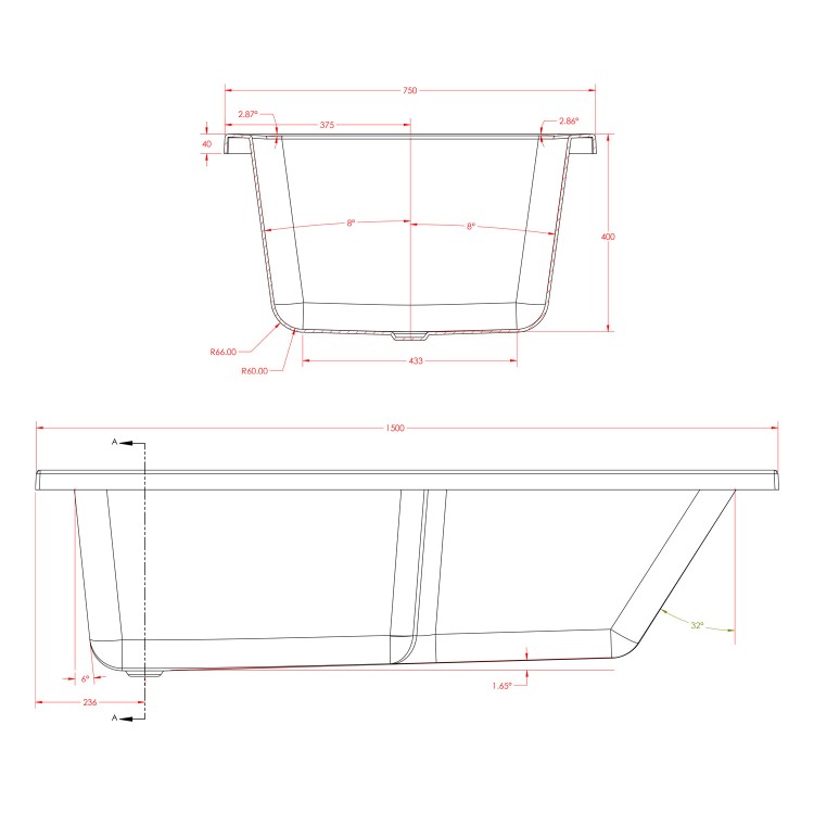 Single Ended Wide End Shower Bath 1500 x 750mm - Cotswold