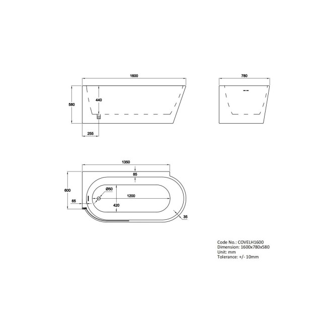 Freestanding Single Ended Left Hand Corner Bath 1600 x 780mm - Cove