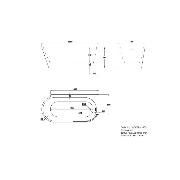 Freestanding Single Ended Right Hand Corner Bath 1600 x 780mm - Cove