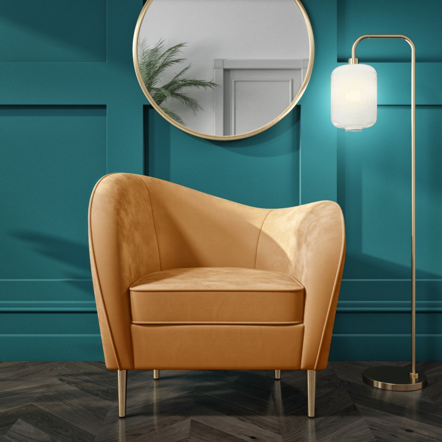 GRADE A2 - Yellow Velvet Armchair with Scooped Back and Gold Legs - Cara