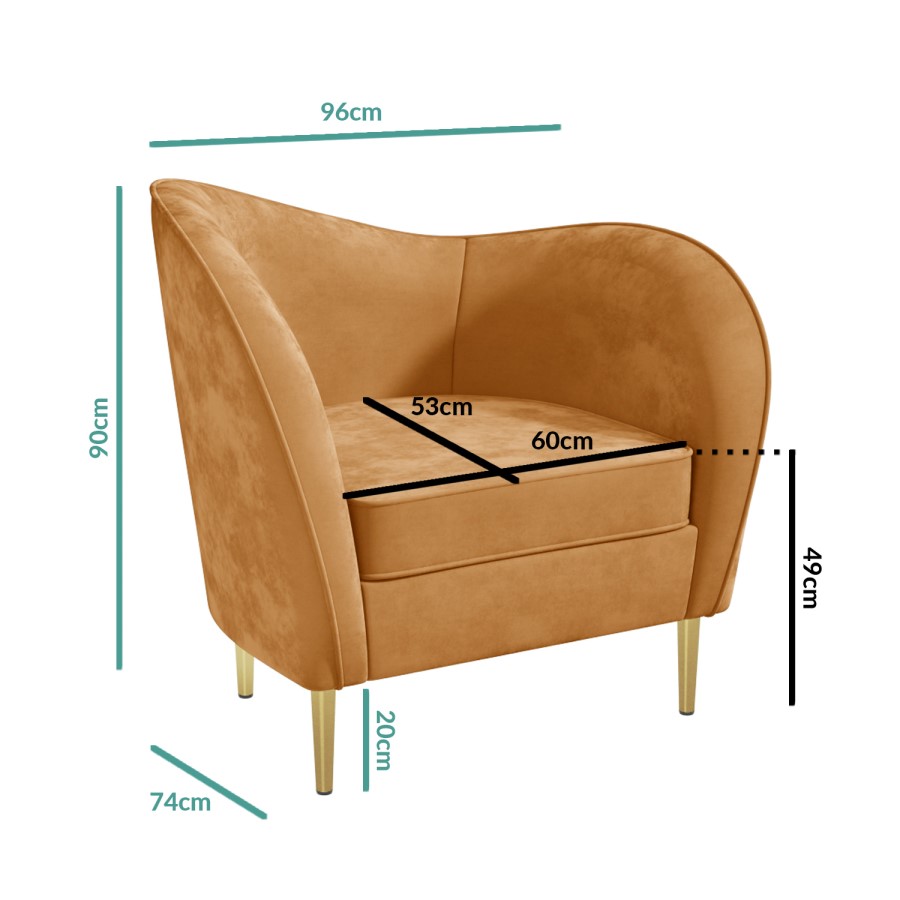 GRADE A2 - Yellow Velvet Armchair with Scooped Back and Gold Legs - Cara