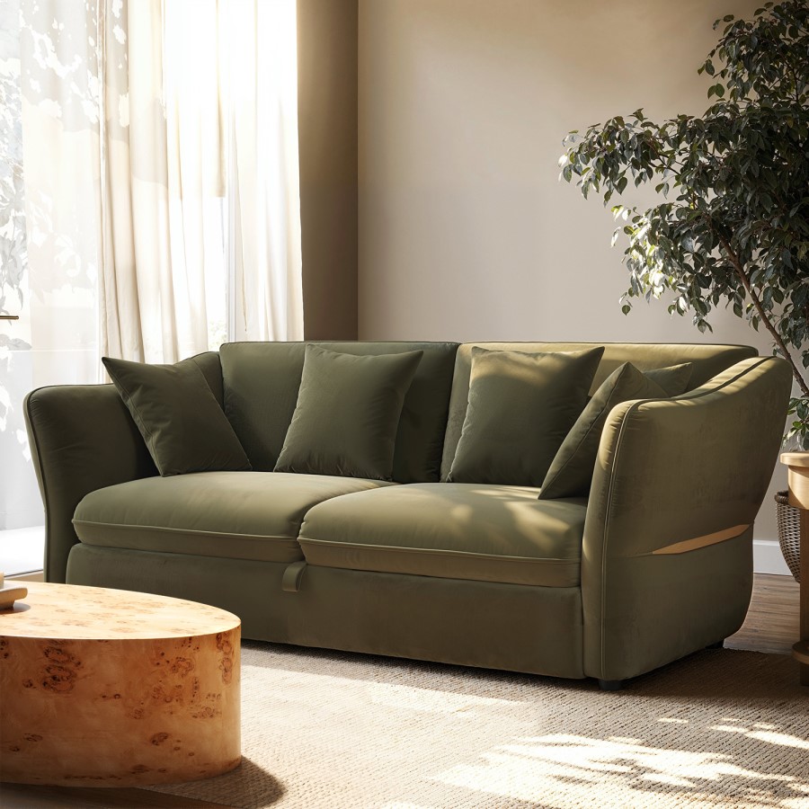 ONLY OPENED - Khaki Green Velvet 3 Seater Pull Out Sofa Bed - Carmela