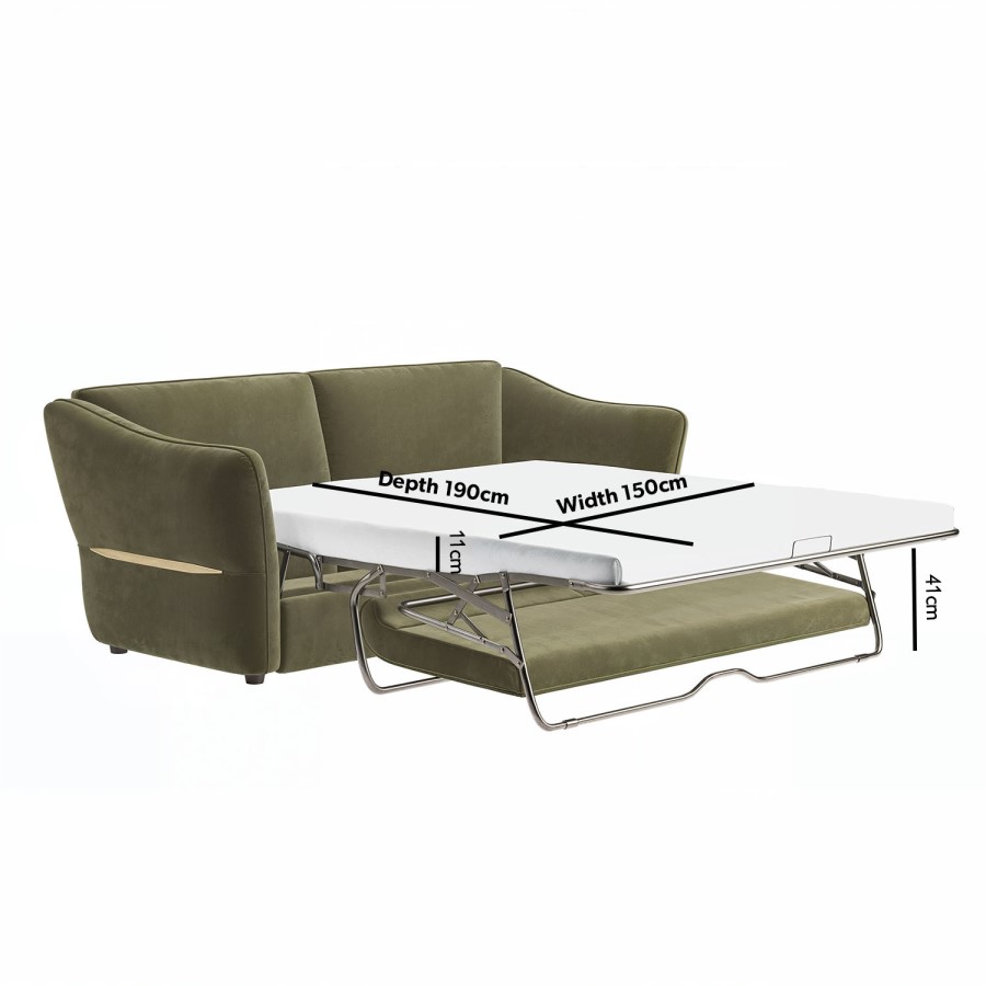 ONLY OPENED - Khaki Green Velvet 3 Seater Pull Out Sofa Bed - Carmela