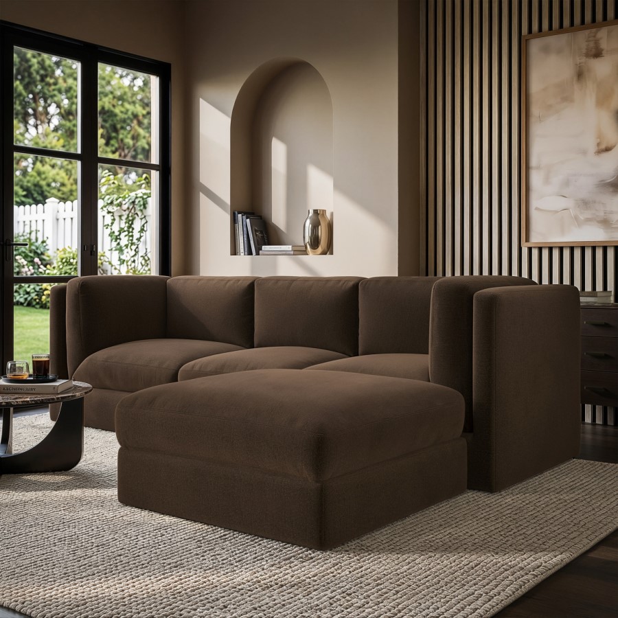 Brown Chenille 4 Seater L-Shape Modular Chaise Corner Sofa - Cameron