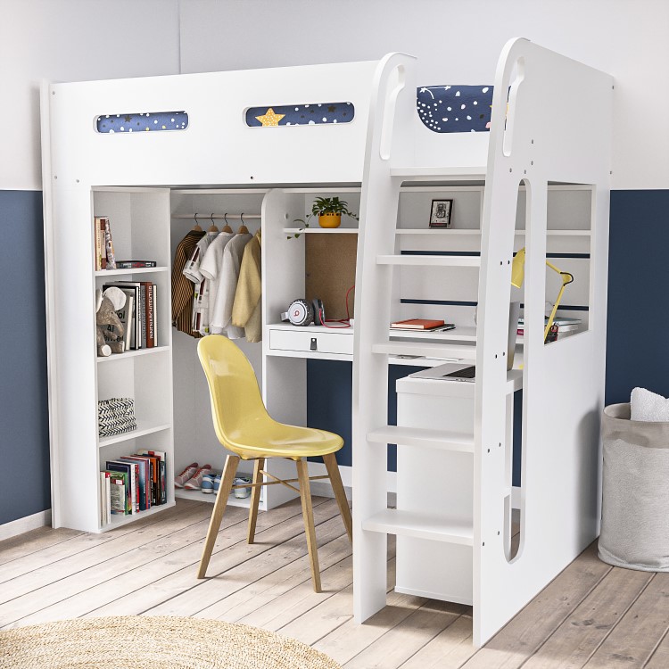 High Sleeper Loft Bed with Desk and Wardrobe in White - Carter