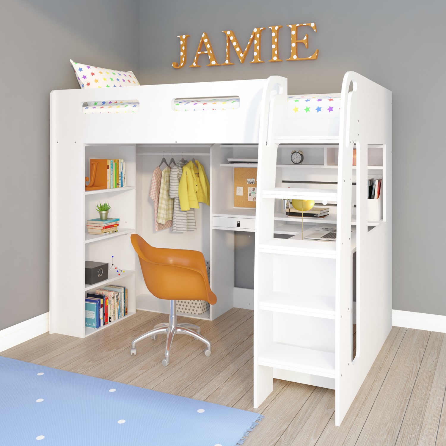 GRADE A2 Carter White High Sleeper Bed Frame With Desk And Wardrobe grade-a2-carter-white-high-sleeper-bed-frame-with-desk-and-wardrobe