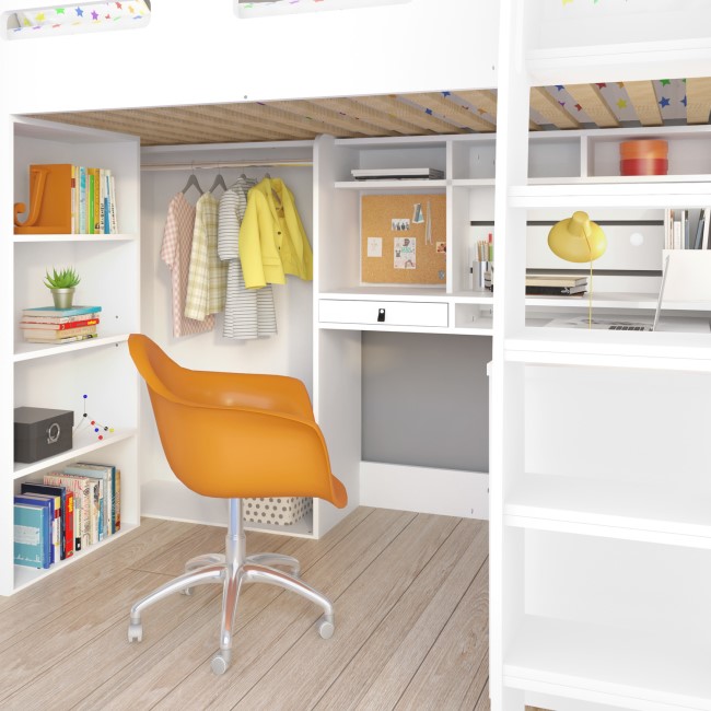 White Loft Bed with Desk and Wardrobe Storage - Carter 