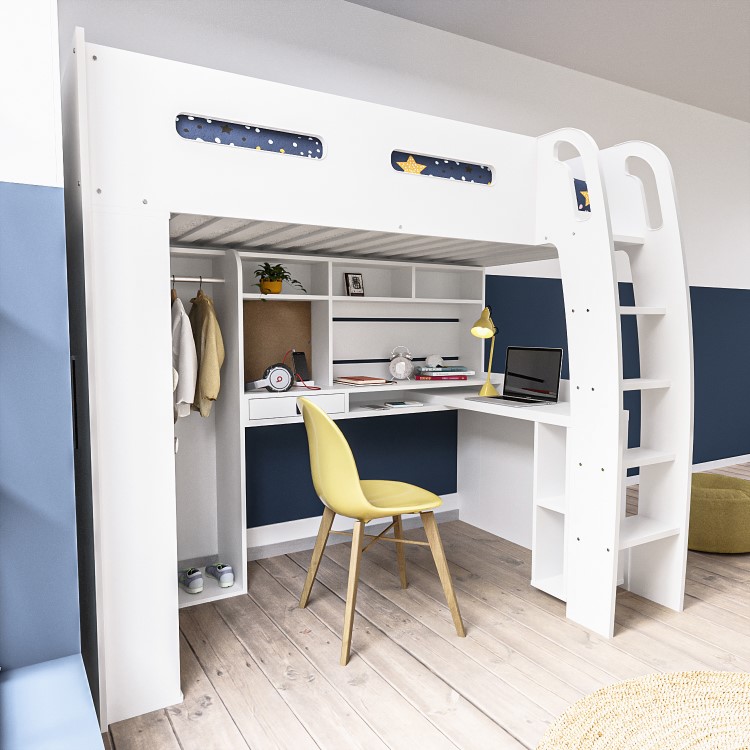 High Sleeper Loft Bed with Desk and Wardrobe in White - Carter