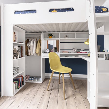 High Sleeper Loft Bed with Desk and Wardrobe in White Carter