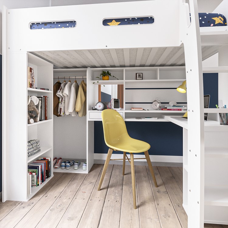 High Sleeper Loft Bed with Desk and Wardrobe in White - Carter