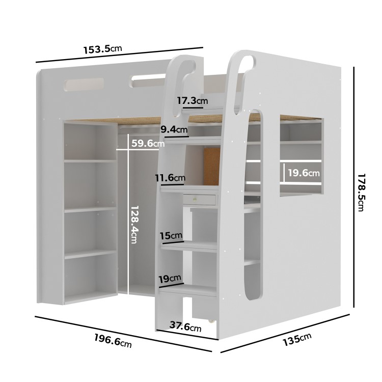 High Sleeper Loft Bed with Desk and Wardrobe in White - Carter