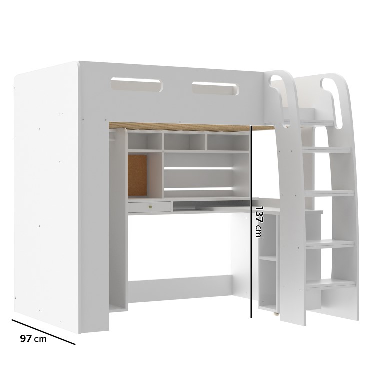 High Sleeper Loft Bed with Desk and Wardrobe in White - Carter