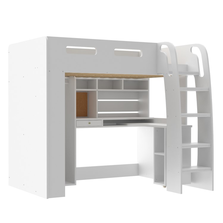 High Sleeper Loft Bed with Desk and Wardrobe in White - Carter