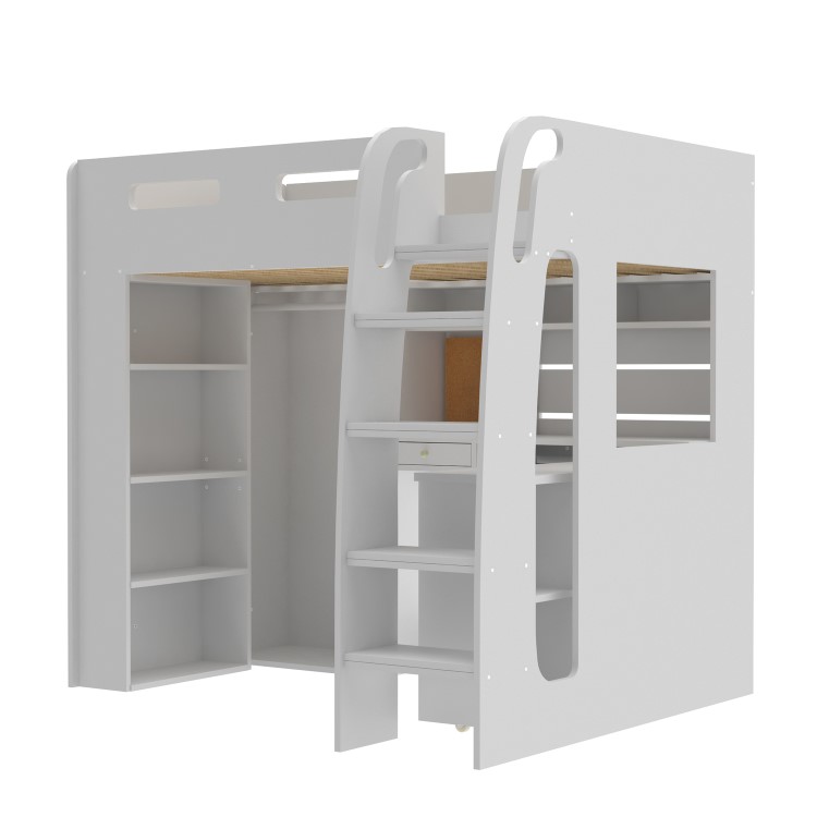 High Sleeper Loft Bed with Desk and Wardrobe in White - Carter