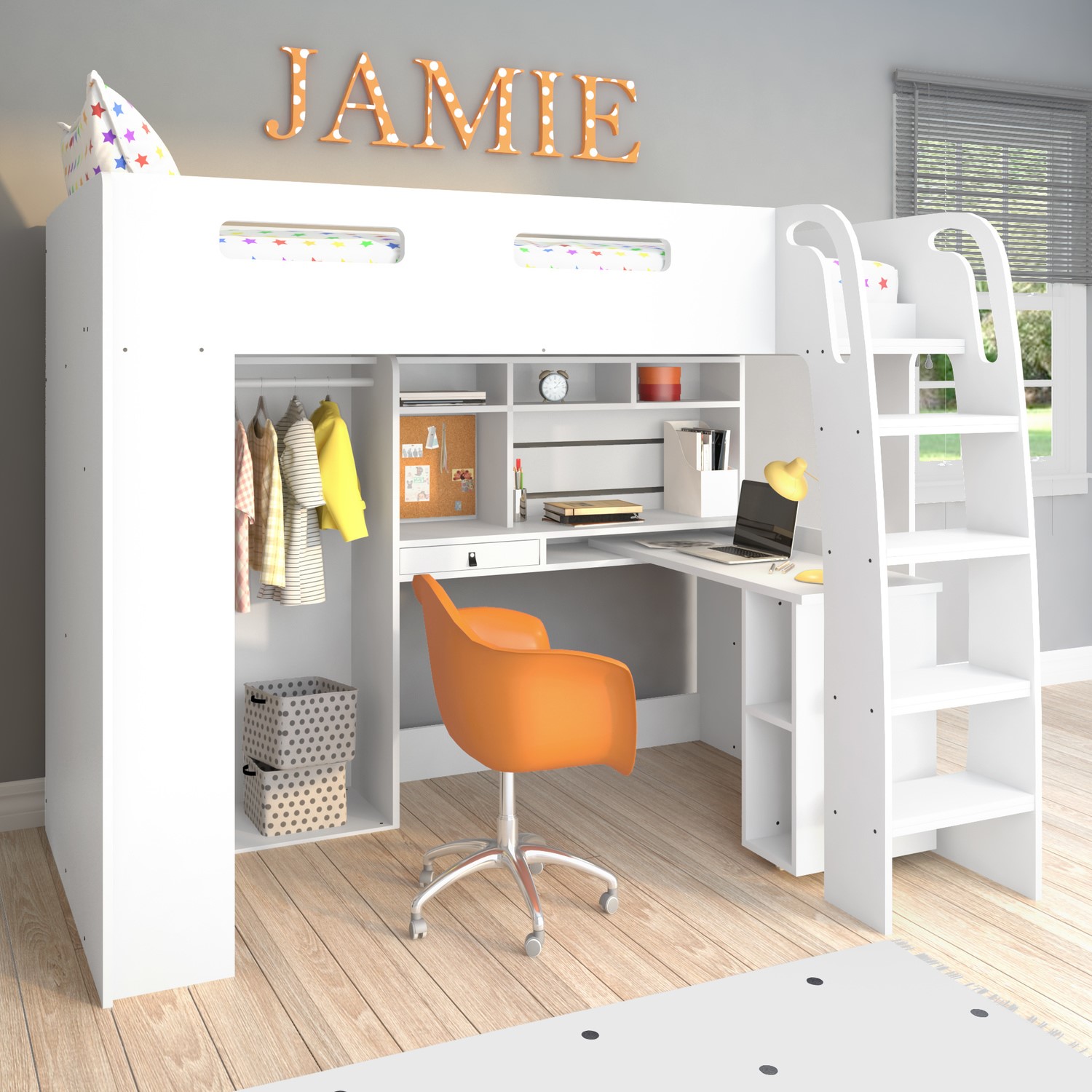 White Loft Bed With Desk And Wardrobe Storage Carter Furniture123