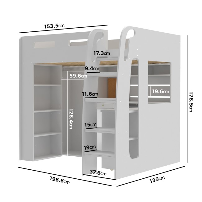 White Loft Bed with Desk and Wardrobe Storage - Carter 