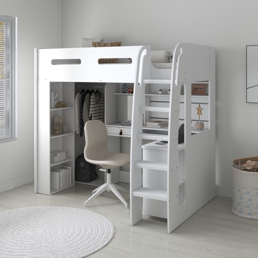 High Sleeper Loft Bed with Desk and Wardrobe in White - Carter