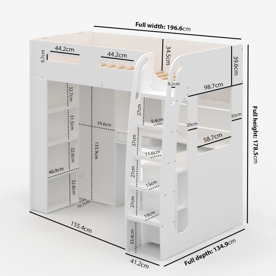 High Sleeper Loft Bed with Desk and Wardrobe in White - Carter