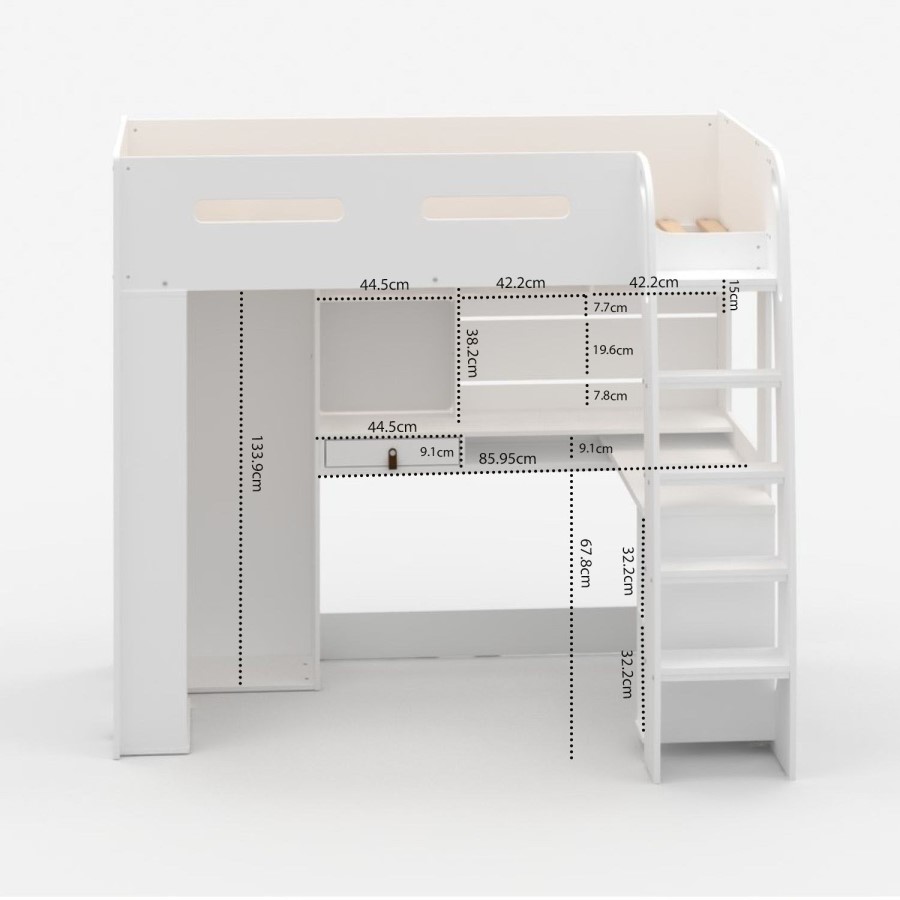 High Sleeper Loft Bed with Desk and Wardrobe in White - Carter