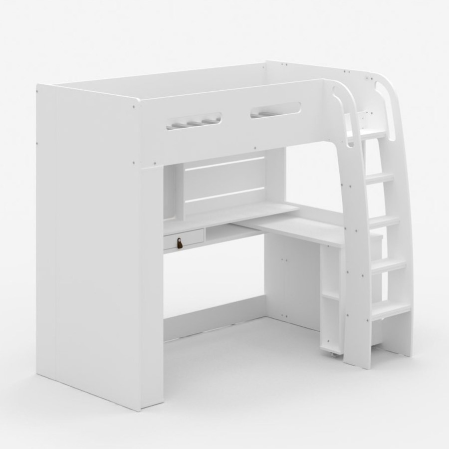 High Sleeper Loft Bed with Desk and Wardrobe in White - Carter