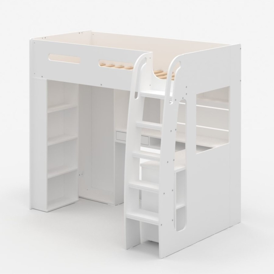 High Sleeper Loft Bed with Desk and Wardrobe in White - Carter