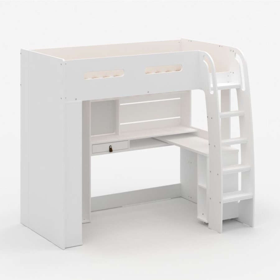 High Sleeper Loft Bed with Desk and Wardrobe in White - Carter