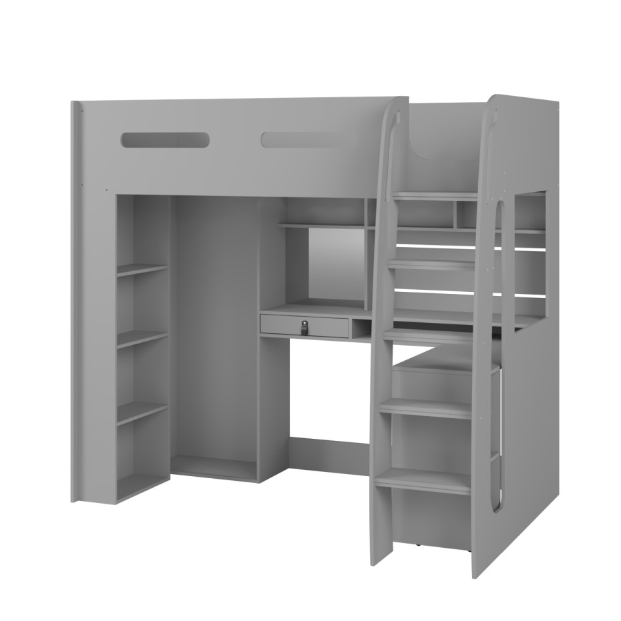 High Sleeper Loft Bed with Desk and Wardrobe in Grey - Carter