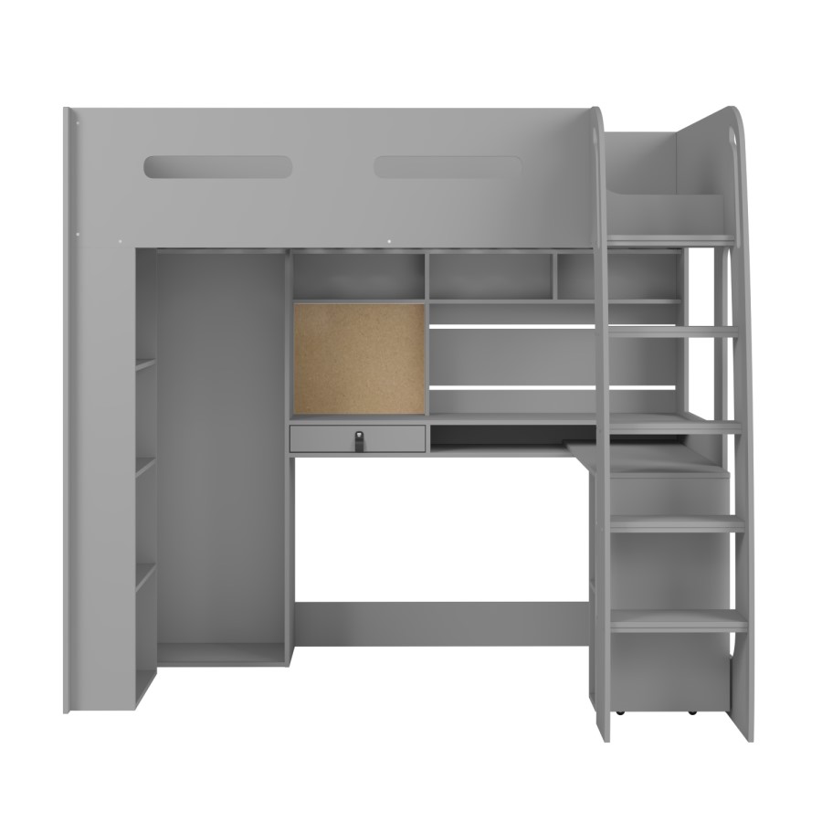 High Sleeper Loft Bed with Desk and Wardrobe in Grey - Carter