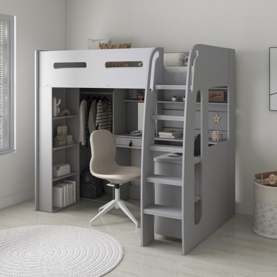 High Sleeper Loft Bed with Desk and Wardrobe in Grey - Carter