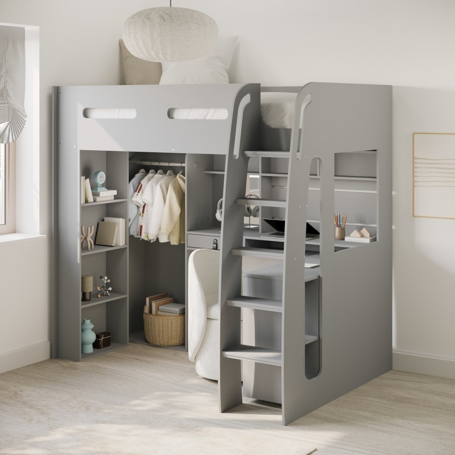 High Sleeper Loft Bed with Desk and Wardrobe in Grey - Carter
